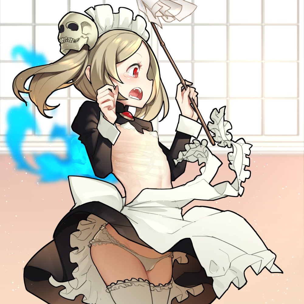 1girl aoi_tsunami apron black_skirt bloody_marie_(skullgirls) breasts brown_hair covered_nipples duster fangs frilled_apron frills groin hair_ornament hands_up holding indoors juliet_sleeves long_sleeves maid maid_apron maid_headdress open_mouth panties pasties puffy_sleeves red_eyes ribs shrug_(clothing) sideways_mouth skirt skirt_lift skull_hair_ornament skullgirls small_breasts solo tears thighhighs transparent twintails underwear white_apron white_legwear white_panties window