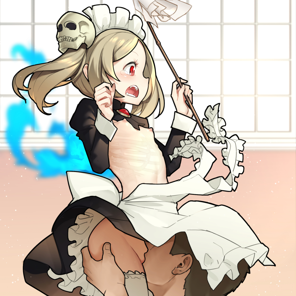 1boy 1girl aoi_tsunami apron ass_grab black_skirt bloody_marie_(skullgirls) breasts brown_hair commentary_request cunnilingus duster fangs frilled_apron frills groin hair_ornament hands_up holding indoors juliet_sleeves long_sleeves maid maid_apron maid_headdress nipples open_mouth oral out_of_frame puffy_sleeves red_eyes ribs shrug_(clothing) sideways_mouth skirt skirt_lift skull_hair_ornament skullgirls small_breasts surprised tears thighhighs transparent twintails white_apron white_legwear window