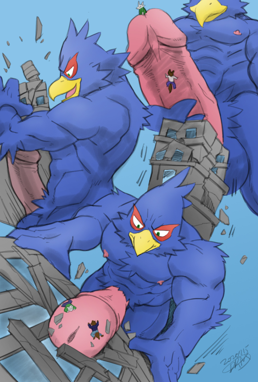 2020 anthro avian bird blue_body blue_fur building building_penetration building_sex city destruction drnx falco_lombardi fur genitals hi_res macro male muscular muscular_anthro muscular_male nintendo open_mouth penis siman-clifton solo star_fox video_games