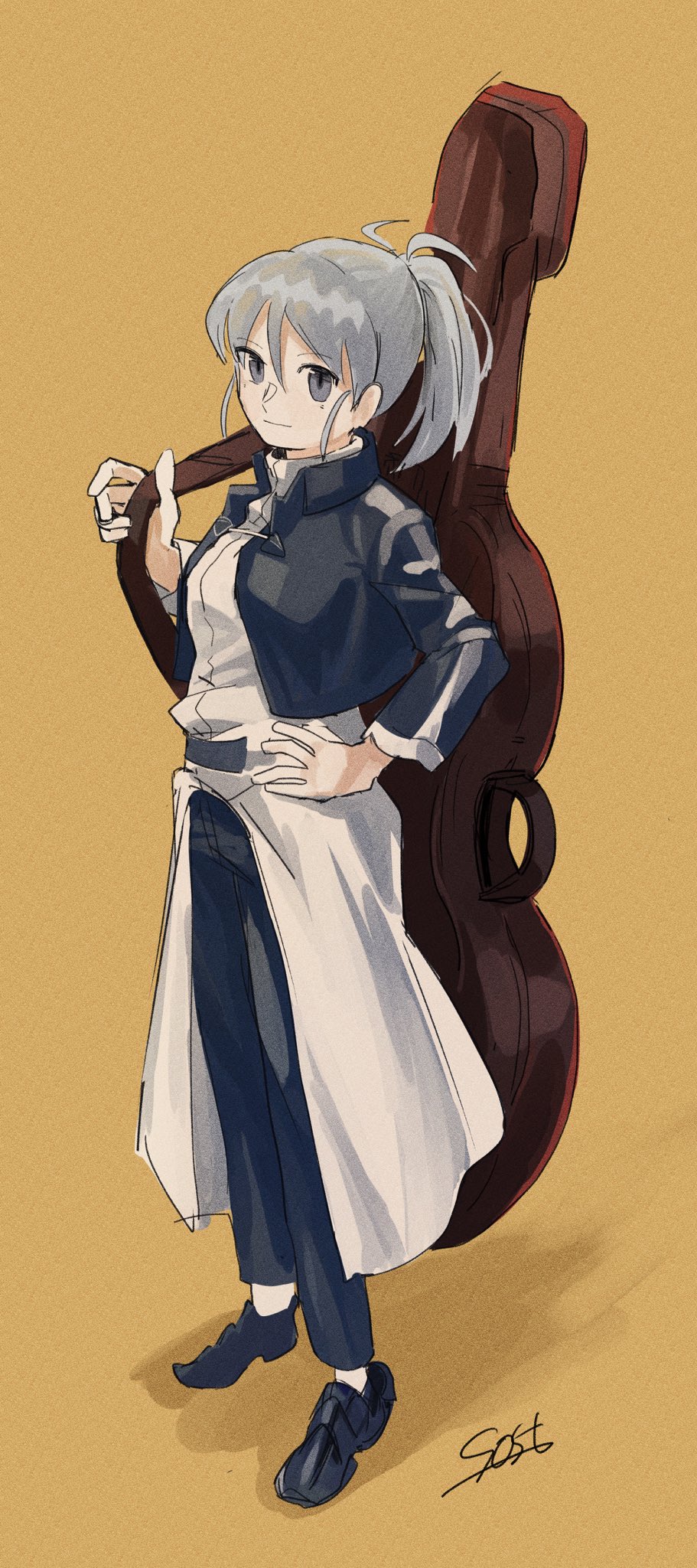 1girl artist_name cropped_jacket hand_on_hip highres instrument_case melty_blood riesbyfe_stridberg short_ponytail signature solo sost_fgo tsukihime