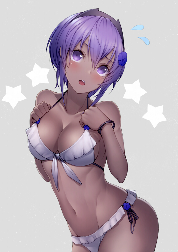 1girl bangs banned_artist bare_shoulders bikini blush breasts cleavage collarbone dark_skin fate/prototype fate/prototype:_fragments_of_blue_and_silver fate_(series) hassan_of_serenity_(fate) kyoeiki looking_at_viewer medium_breasts navel open_mouth purple_eyes purple_hair short_hair swimsuit white_bikini