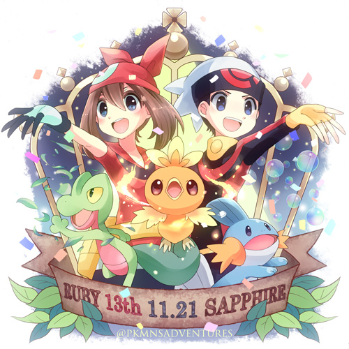 1boy 1girl bandana beanie blush brown_hair commentary_request confetti copyright_name fingerless_gloves gen_3_pokemon gloves hand_up haruka_(pokemon) hat kokoroko leaf long_sleeves lowres medium_hair mudkip open_mouth pokemon pokemon_(creature) pokemon_(game) pokemon_rse red_bandana shirt short_sleeves starter_pokemon starter_pokemon_trio teeth tongue torchic treecko watermark white_headwear yellow_gloves yuuki_(pokemon)