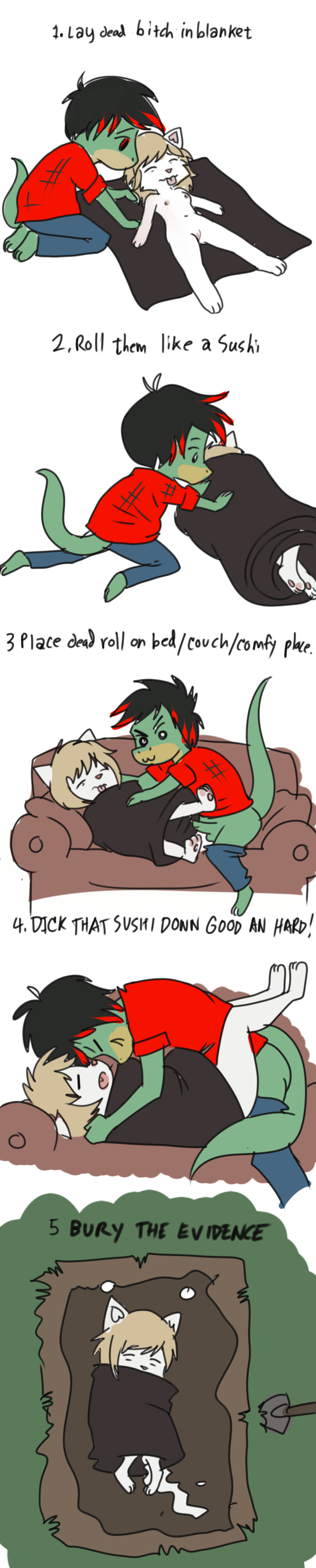 absurd_res anonymous_artist anthro bedding blanket chibi comic death english_text female hi_res icarus icarus_aresane killing lizard long_image male necro necrophilia profanity reptile roll scalie sex shin_chan snuff tall_image text