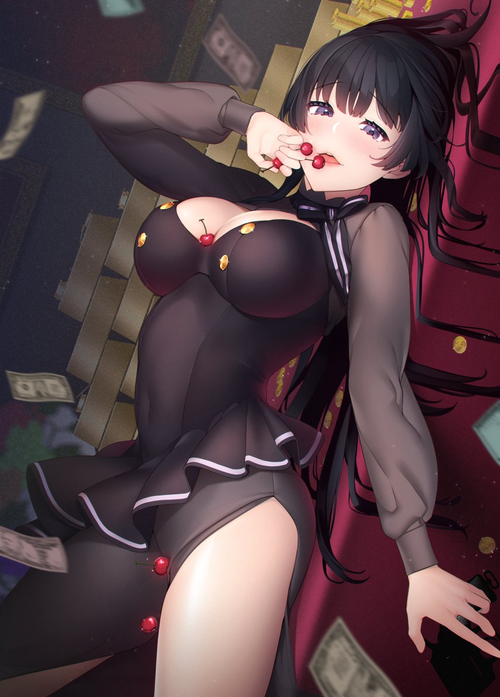 1girl black_hair breast_cutout breasts character_request cherry cleavage commentary_request covered_navel cowboy_shot eyebrows_visible_through_hair food fruit giuniu gold_bar gun hair_between_eyes highres holding holding_gun holding_weapon long_hair long_sleeves looking_at_viewer lying medium_breasts money on_back open_mouth purple_eyes solo spy_kyoushitsu teeth tongue weapon