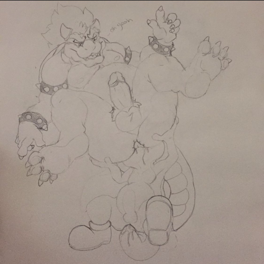 anal anthro bowser claws duo genitals humanoid_genitalia humanoid_penis koopa male male/male mario_bros nintendo nipples oral penis rimming scalie sex size_difference soles toe_claws traditional_media_(artwork) video_games xtbidx yoshi