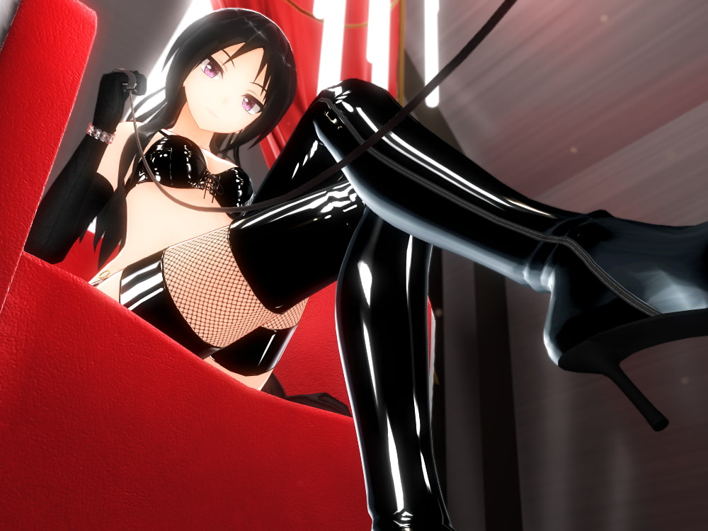 1girl 3d bangs bdsm bikini bikini_top black_footwear black_gloves black_hair bondage boots bound crossed_legs dominatrix elbow_gloves fishnet_legwear fishnets gloves high_heel_boots high_heels leash long_hair looking_at_viewer nm_(tshell2761) original red_eyes shiny shiny_clothes sitting solo swimsuit thigh_boots thighhighs thighhighs_under_boots