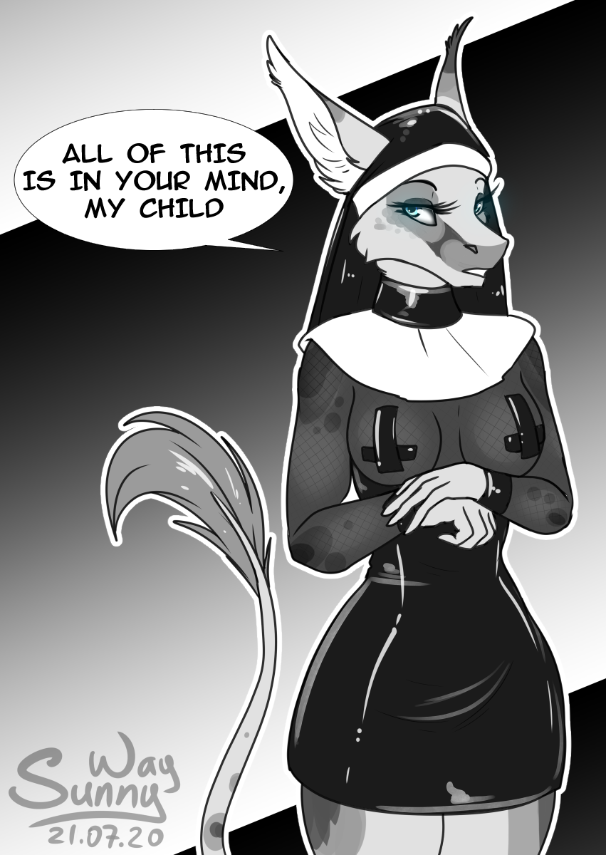 anthro artwork_(digital) big_ears breasts clothing costume curvy_figure cute_face dialogue digital_drawing_(artwork) digital_media_(artwork) english_text female glowing glowing_eyes hi_res monochrome nun patreon_reward pinup pose rubber simple_background sketch solo sunny_way text