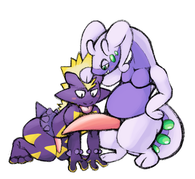 all_fours amped_toxtricity animal_genitalia animal_penis anthro belly big_belly big_penis big_tail duo genitals goodra hand_on_head huge_penis kneeling looking_at_another male male/male nintendo nova_nsfw penis pok&eacute;mon pok&eacute;mon_(species) slightly_chubby smile tongue tongue_out toxtricity video_games