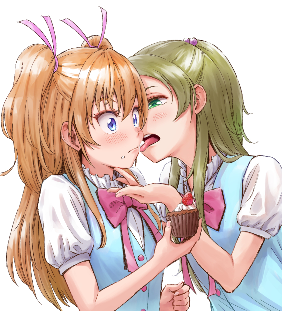 2girls aria_gakuen_school_uniform blue_eyes blue_vest brown_hair closed_mouth cupcake dress_shirt face_licking food green_eyes green_hair hair_bobbles hair_ornament hair_ribbon holding holding_food houjou_hibiki itou_shin'ichi licking long_hair minamino_kanade multiple_girls open_mouth pink_neckwear pink_ribbon ponytail precure ribbon school_uniform shiny shiny_hair shirt short_sleeves simple_background suite_precure tongue tongue_out twintails upper_body very_long_hair vest white_background white_shirt yuri
