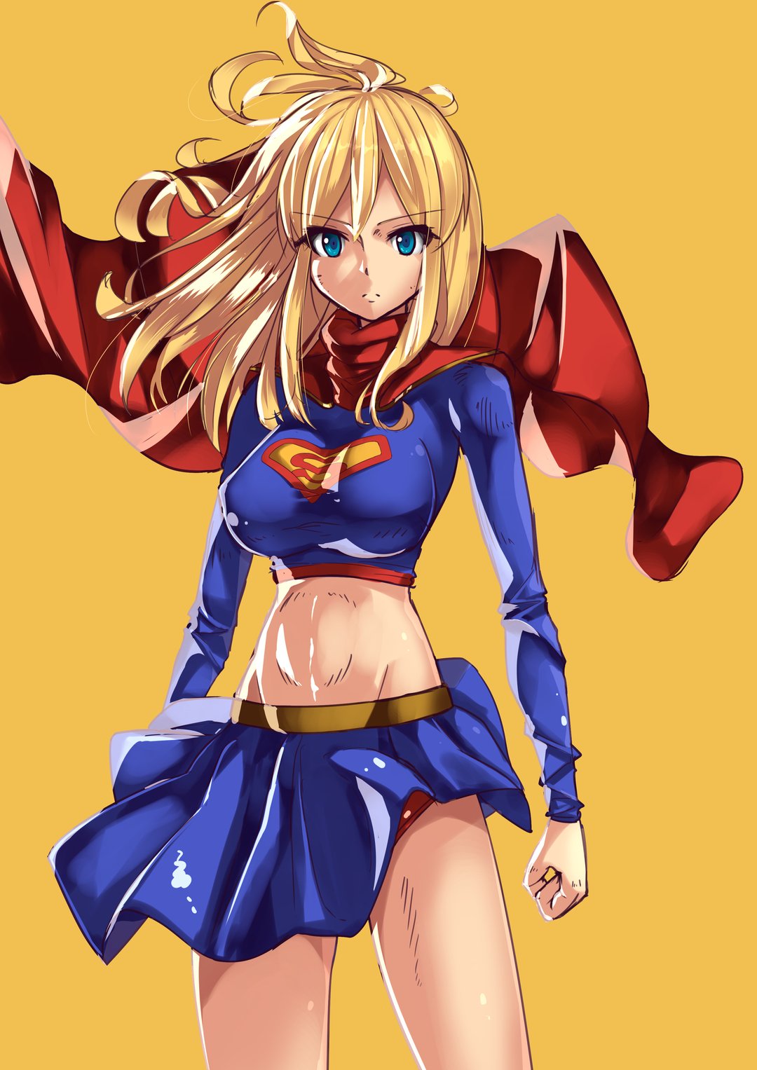 1girl billowing_cape blonde_hair blue_eyes blue_skirt breasts cape clenched_hand dc_comics eyebrows_visible_through_hair floating_hair highres i.takashi logo medium_breasts midriff skirt solo supergirl v-shaped_eyebrows