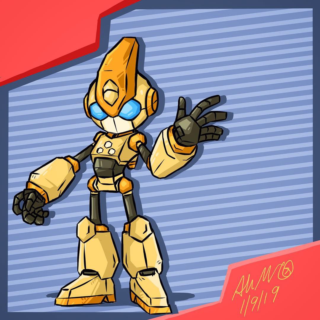 1:1 2019 adam_calloway ambiguous_gender blue_background blue_eyes brown_body brown_skin emerl horn machine orange_body orange_skin red_background robot signature simple_background sonic_the_hedgehog_(series) standing video_games yellow_body