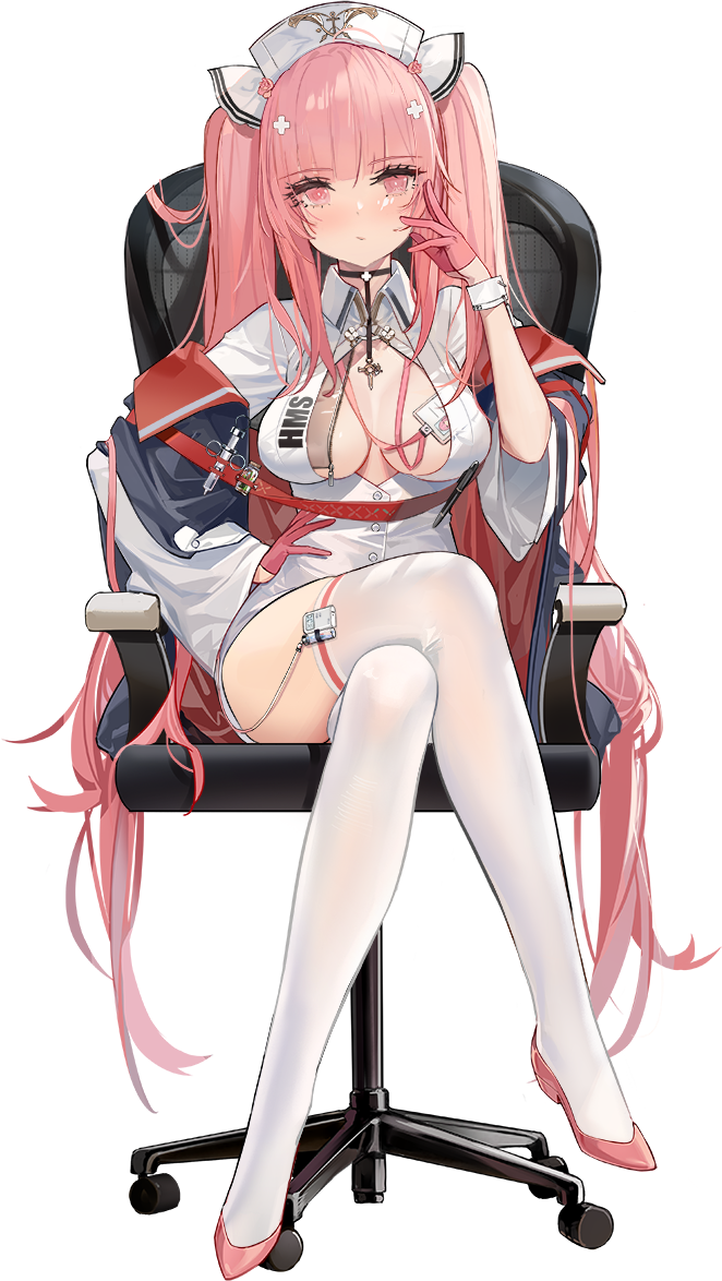 1girl azur_lane black_choker breasts chair choker collared_shirt crossed_legs flats full_body gloves hair_ornament half_gloves hand_on_hip hand_up hat id_card kinven large_breasts long_hair long_sleeves looking_at_viewer nurse nurse_cap off_shoulder office_chair official_art open_clothes open_shirt perseus_(azur_lane) perseus_(nursery_service_time)_(azur_lane) pink_eyes pink_footwear pink_gloves pink_hair shirt sitting solo thighhighs thighs transparent_background twintails very_long_hair white_legwear white_shirt wide_sleeves