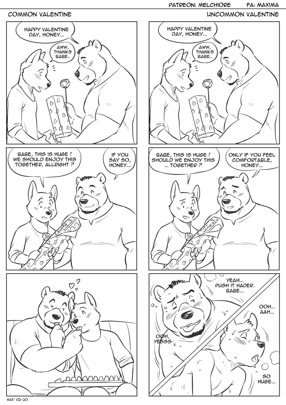 &lt;3 2020 ahegao anthro anthro_on_anthro black_and_white blush canid canine clothed clothing comic couple_(romantic) dialogue dildo double_dildo duo english_text facial_hair furniture goatee hi_res holidays looking_pleasured male male/male mammal maxima monochrome romantic_ambiance romantic_couple sex_toy shirt sitting sofa text tongue tongue_out topwear ursid valentine's_day