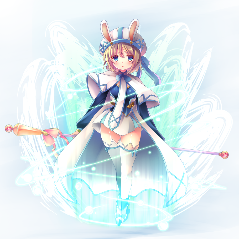 1girl :o animal_ears animal_hat armored_boots blue_bow boots bow breastplate breasts bunny_ears bunny_hat cape fake_animal_ears hat holding holding_staff long_sleeves parted_lips paula_(sennen_sensou_aigis) puffy_long_sleeves puffy_sleeves reiji_0_g sennen_sensou_aigis skirt sleeves_past_wrists small_breasts solo staff standing thighhighs white_cape white_headwear white_legwear white_skirt