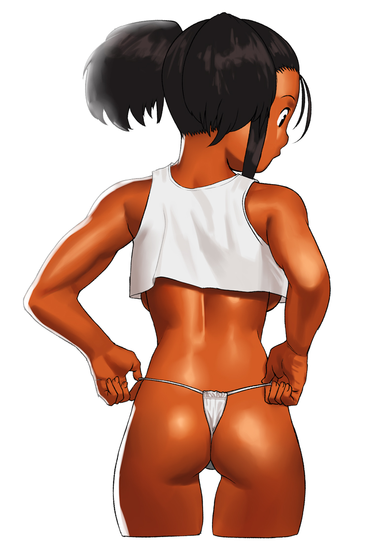 1girl antenna_hair arung_samudra_(cessa) ass back backboob black_hair breasts cessa commentary crop_top crop_top_overhang cropped_legs dark_skin english_commentary flat_ass from_behind large_breasts muscle muscular_female original panties short_twintails sidelocks solo thigh_gap thong thong_panties twintails underwear very_dark_skin white_background white_panties