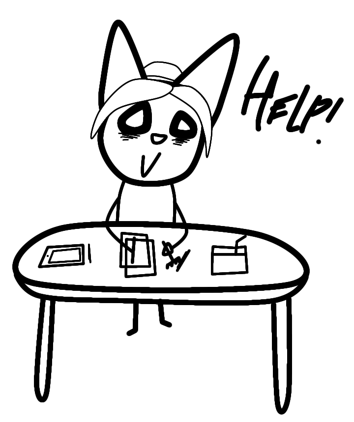 accessory ambiguous_gender americo americofoxy anthro canid canine dark drawing eyeshadow fox furniture hair_accessory help makeup mammal monochrome solo table tablet tired_eyes