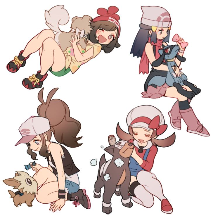 4girls ;d antenna_hair baseball_cap beanie black_hair black_legwear blush boots bow brown_hair brush closed_mouth commentary_request floral_print gen_2_pokemon gen_4_pokemon gen_5_pokemon gen_7_pokemon green_shorts hat hat_ribbon high_ponytail hikari_(pokemon) holding holding_pokemon houndour knees_together kotone_(pokemon) lillipup looking_down mizuki_(pokemon) multiple_girls one_eye_closed open_mouth overalls pink_bow pink_footwear poke_ball_print pokemon pokemon_(creature) pokemon_(game) pokemon_bw pokemon_dppt pokemon_hgss pokemon_sm red_footwear red_headwear ribbon riolu rockruff scarf shirt shoes shorts sidelocks smile socks thighhighs tied_shirt touko_(pokemon) white_background white_headwear white_legwear wristband zuizi