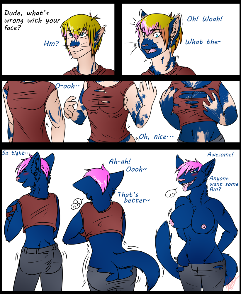 2012 anthro big_breasts blonde_hair blue_body blue_fur blush breast_growth breasts butt butt_expansion clothed clothing comic dialogue english_text expansion felid female fur gender_transformation hair hip_expansion human_to_anthro humanoid kaitofletcher looking_at_viewer male mammal mtf_transformation nipples open_mouth pink_hair short_hair simple_background smile solo species_transformation surprise tail_growth text tongue tongue_out topless torn_clothing transformation unseen_character whiskers wide_hips