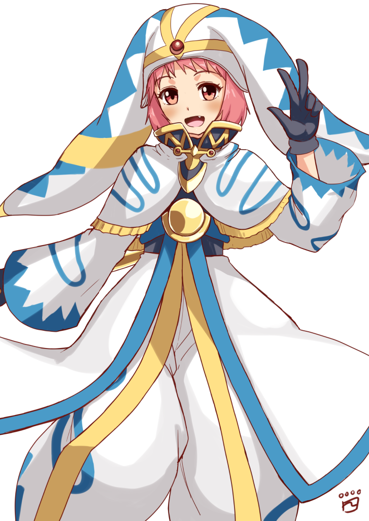 .hack// .hack//games .hack//link 1girl :d artist_logo black_gloves blush capelet english_commentary finalcake gloves hat long_sleeves looking_at_viewer mistral_(.hack//) open_mouth pants pink_hair red_eyes short_hair simple_background smile solo w white_background white_capelet white_pants