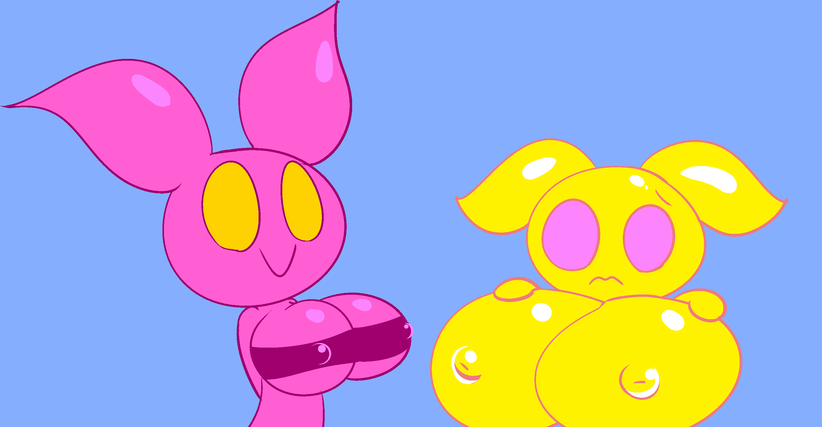 anthro big_breasts bra breasts clothed clothing demon duo female happy hi_res humanoid imp mark_m nipples pink_eyes strapless_bra strapless_clothing strapless_underwear topless underwear vin_(bugmag) yellow_eyes