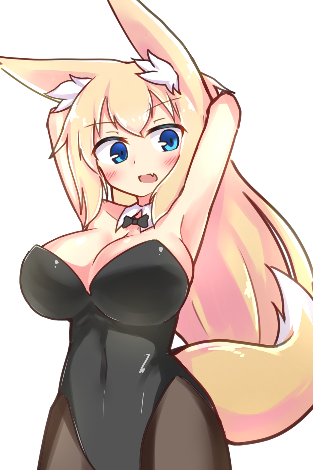 animal_humanoid big_breasts black_clothing blue_eyes blush bow_tie breasts canid canid_humanoid canine canine_humanoid cleavage clothed clothing dipstick_tail female fox_humanoid fully_clothed glistening glistening_clothing hair hands_behind_head hi_res humanoid inner_ear_fluff legwear leotard light_skin long_hair looking_at_viewer mammal mammal_humanoid monotone_hair multicolored_tail open_mouth open_smile raised_arm shirt_collar simple_background smile solo standing stockings strapless_clothing tuft tylwing white_background