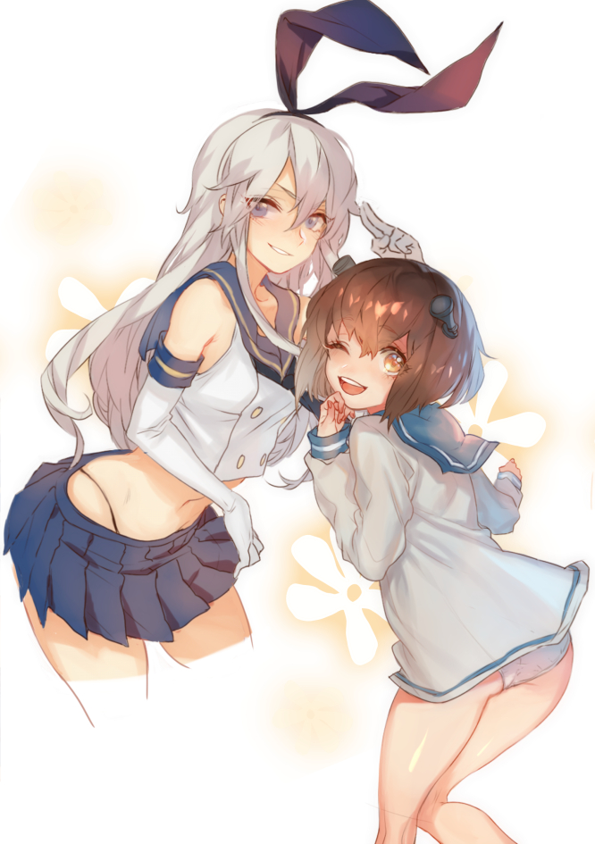 2girls bangs blush brown_hair commentary_request elbow_gloves gloves grey_hair hair_between_eyes hair_ornament hairband kantai_collection long_hair long_sleeves looking_at_viewer looking_back multiple_girls no_pants open_mouth panties pleated_skirt sailor_collar salute shimakaze_(kantai_collection) shiny shiny_hair shirt short_hair sidelocks skirt teeth tongue underwear upper_teeth white_gloves yukikaze_(kantai_collection) zuizi