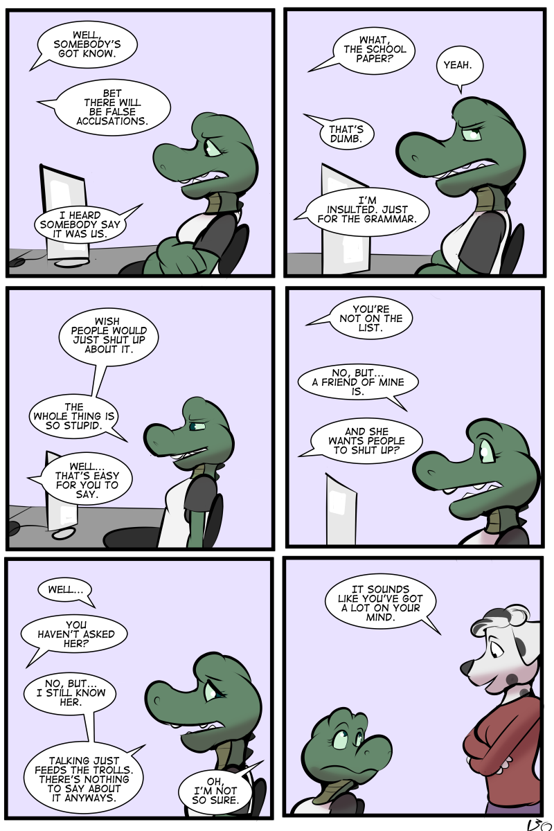 2:3 angie_(study_partners) anthro clothed clothing comic computer crocodile crocodilian crocodylid dialogue digital_media_(artwork) duo english_text female hi_res reptile scalie sitting study_partners text thunderouserections toony