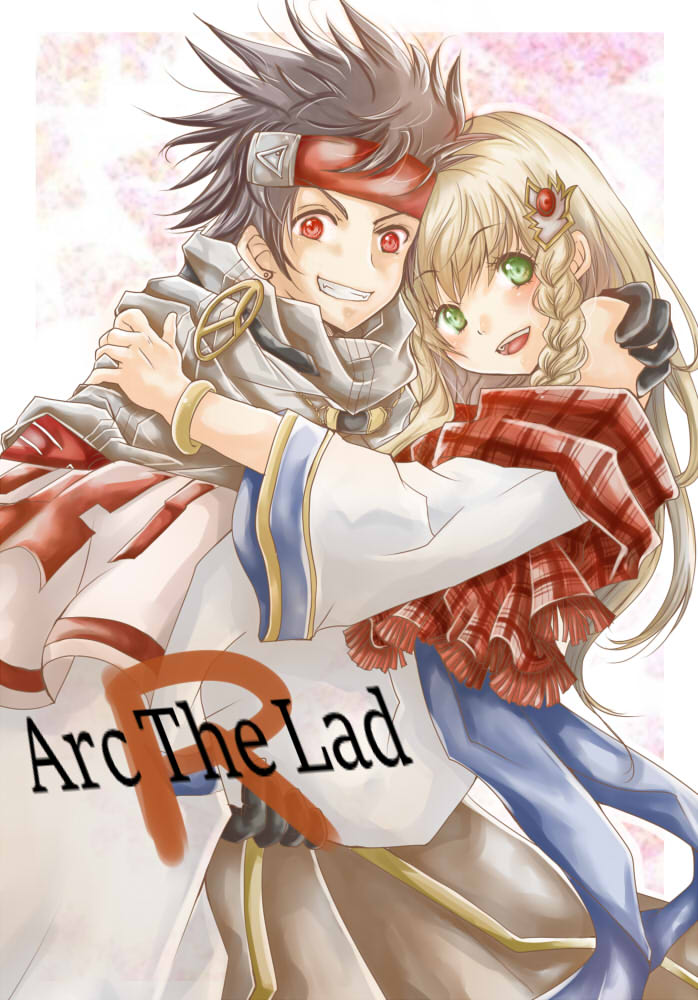 1boy 1girl arc_the_lad arc_the_lad_ii black_hair blonde_hair braid dress elc_(arc_the_lad) gloves green_eyes lieza long_hair looking_at_viewer open_mouth smile spiked_hair