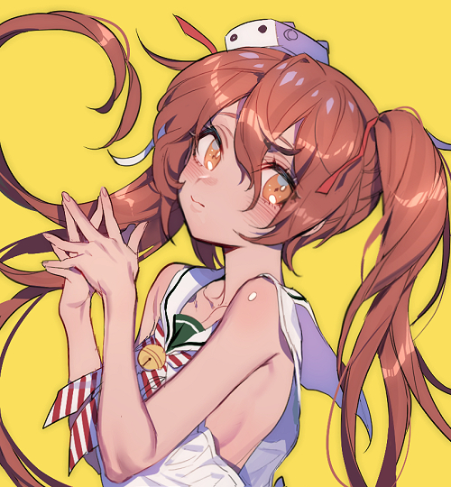 1girl bangs blush brown_hair closed_mouth collarbone commentary_request eyelashes fingernails floating_hair hair_between_eyes hair_ribbon hands_together kantai_collection libeccio_(kantai_collection) looking_at_viewer orange_eyes red_ribbon ribbon sailor_collar shiny shiny_hair sleeveless solo yellow_background zuizi