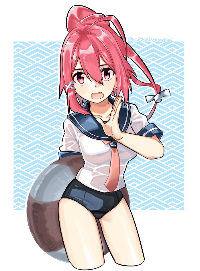 1girl blue_sailor_collar blue_swimsuit collarbone commentary_request contrapposto cropped_legs hair_ribbon i-168_(kantai_collection) kantai_collection lifebuoy long_hair looking_at_viewer necktie ponytail red_eyes red_hair red_neckwear ribbon sagamiso sailor_collar sailor_shirt school_swimsuit school_uniform serafuku shirt solo swimsuit two-tone_background