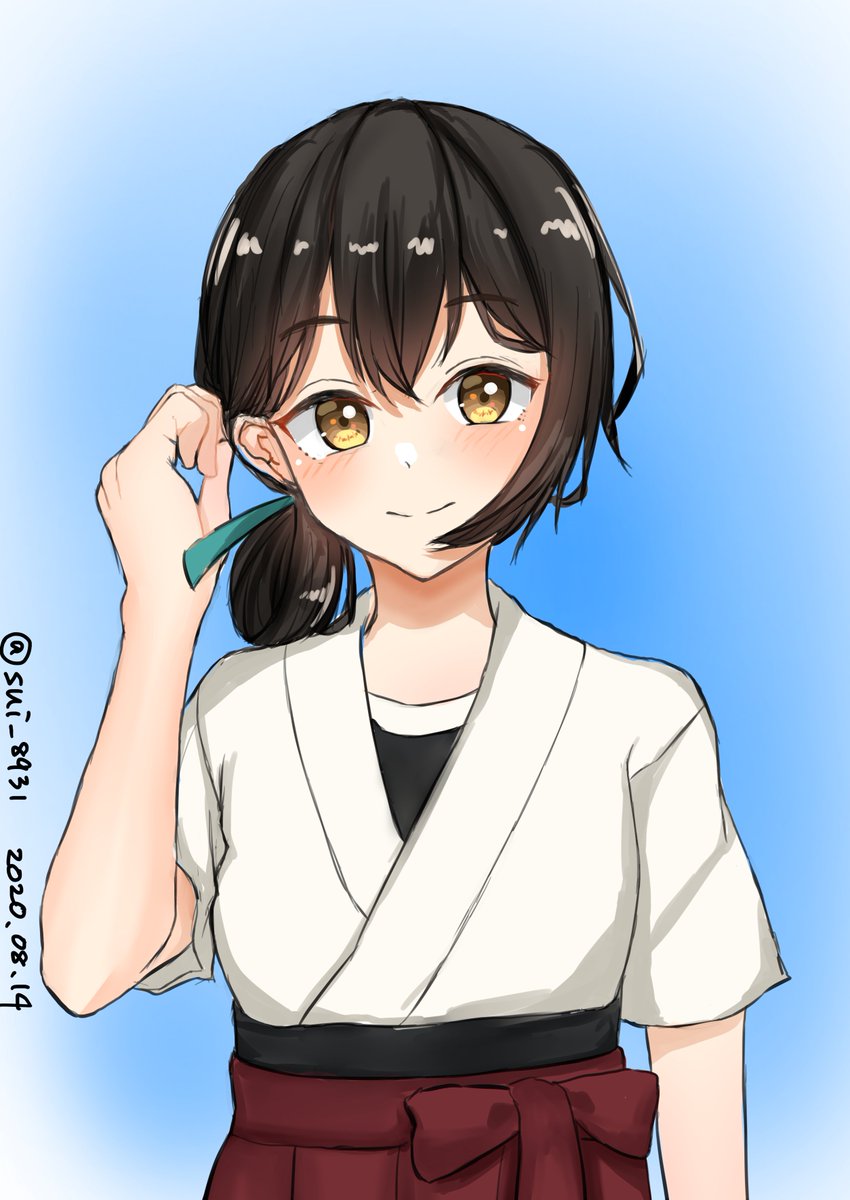 1girl bangs black_hair blue_background blue_ribbon brown_eyes cowboy_shot dated dougi folded_ponytail gradient gradient_background hair_ribbon hakama hakama_skirt highres japanese_clothes kantai_collection kasuga_maru_(kantai_collection) long_hair looking_at_viewer red_hakama ribbon smile solo swept_bangs tamako_(sui_8931) twitter_username