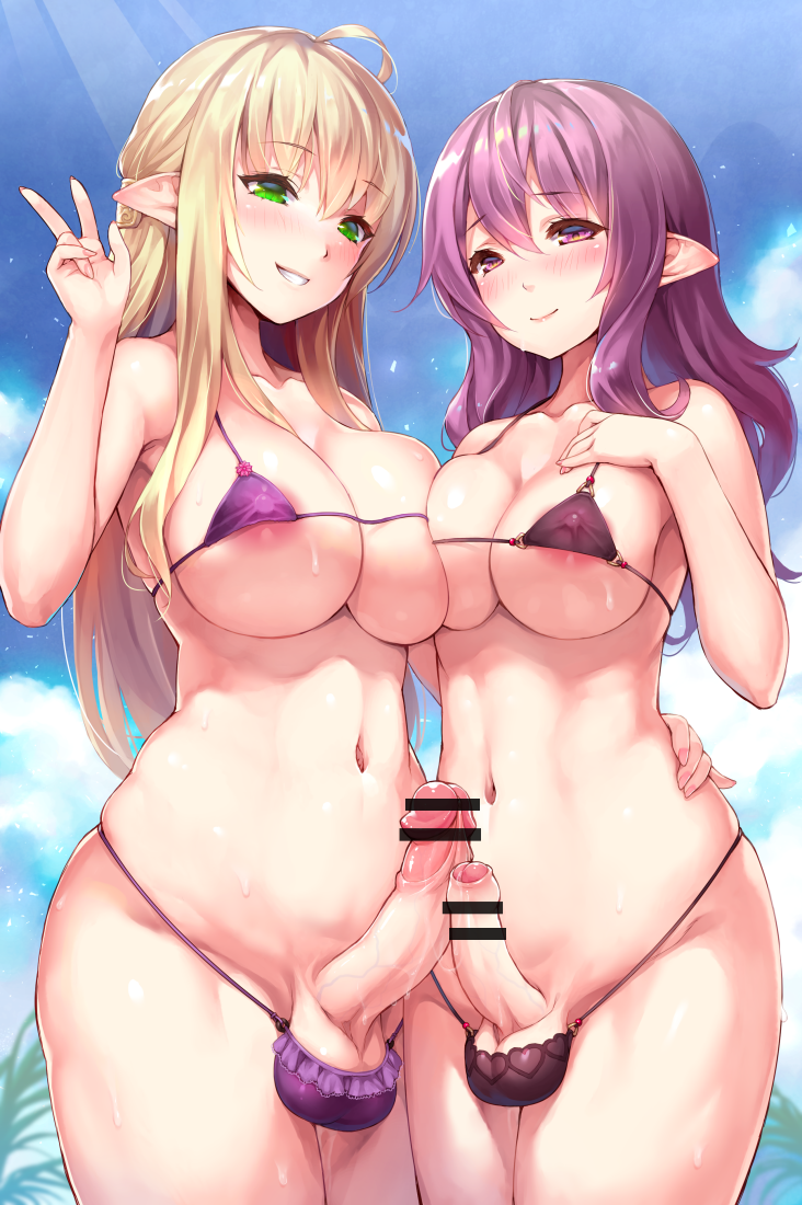 balls bikini blonde_hair blush breast_squish breasts breasts_frottage censored clothing elf erection frottage genitals gesture green_eyes gynomorph gynomorph/gynomorph hair humanoid humanoid_pointy_ears intersex intersex/intersex looking_at_viewer mammal mofuringu not_furry penis penis_size_difference purple_eyes purple_hair sex squish swimwear v_sign