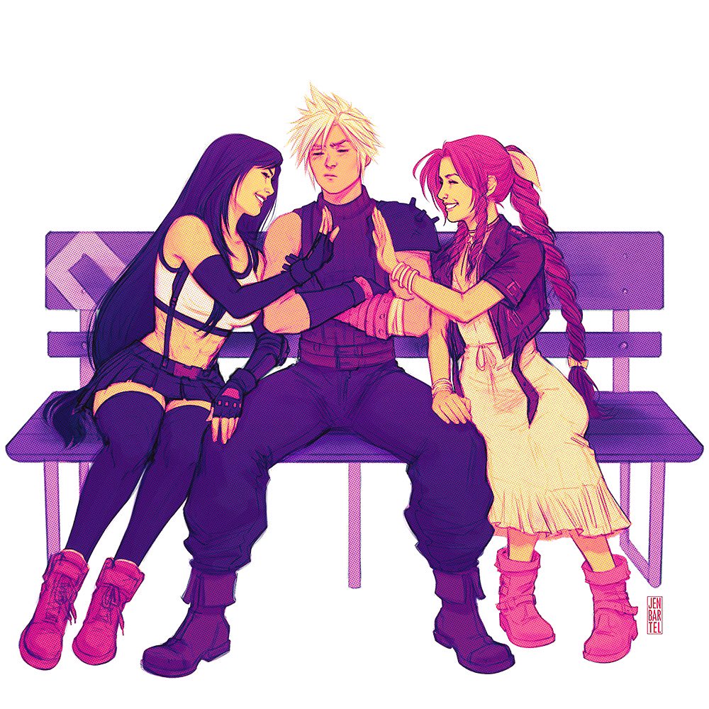 1boy 2girls abs aerith_gainsborough armor bench black_skirt boots bracelet braid braided_ponytail cloud_strife cropped_jacket crossed_arms dress earrings elbow_gloves final_fantasy final_fantasy_vii final_fantasy_vii_remake fingerless_gloves girl_sandwich gloves high_five jen_bartel jewelry long_hair low-tied_long_hair miniskirt monochrome multiple_girls pout sandwiched shirt shoulder_armor simple_background sitting skirt sleeveless sleeveless_turtleneck smile spiked_hair suspender_skirt suspenders tank_top taut_clothes taut_shirt tifa_lockhart toned turtleneck