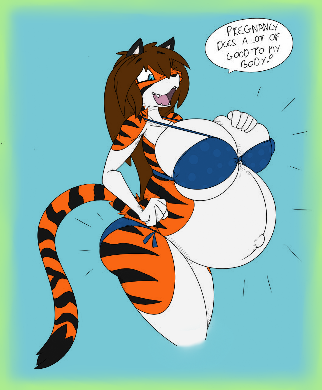 anthro belly big_belly big_breasts bikini breasts clothing dialogue felid female hair hi_res huge_breasts mammal mattfolfsky max_o-zuma pantherine pregnant solo swimwear tiger wouhlven