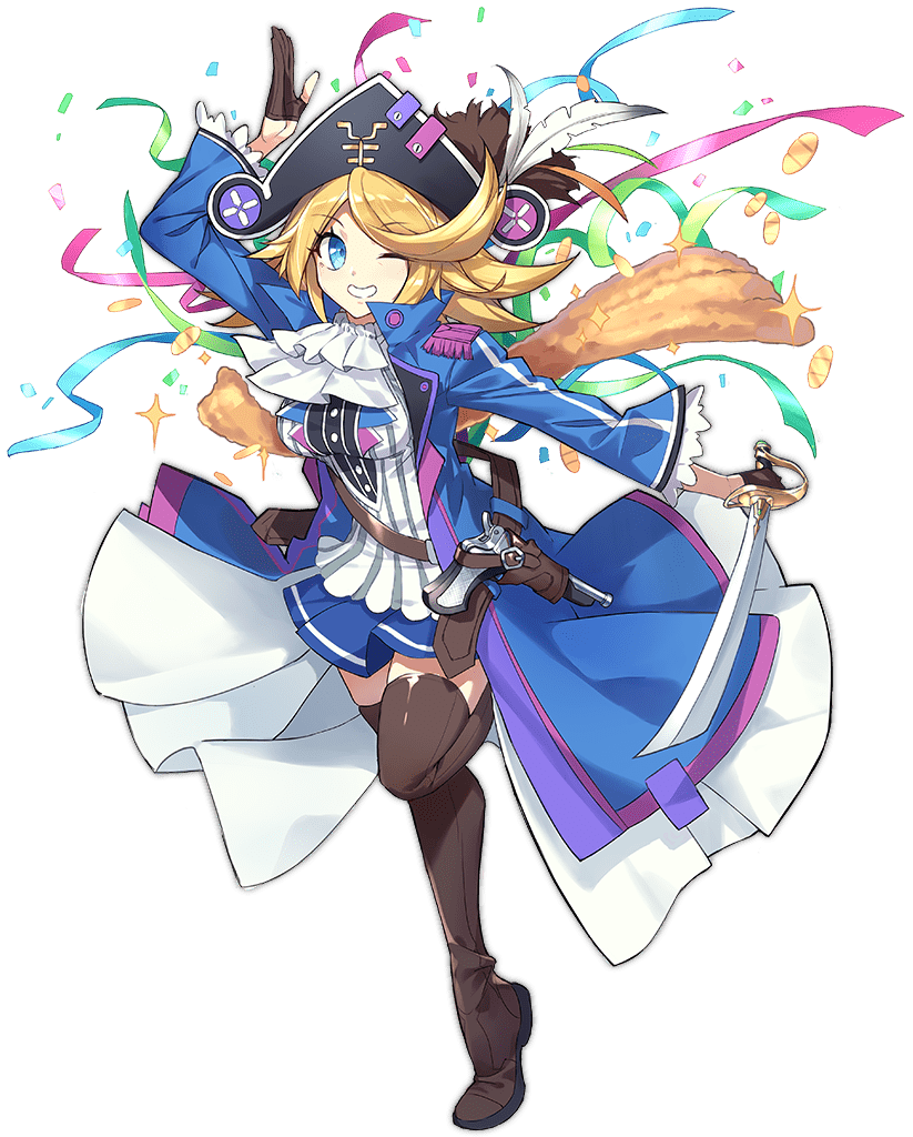 1girl ark_order ascot bangs belt blonde_hair blue_coat blue_eyes blue_skirt boots breasts brown_belt brown_footwear brown_gloves coat coin confetti epaulettes frilled_sleeves frills full_body gloves gold grin gun half_gloves handgun hat hat_feather holding holding_sword holding_weapon holster jason_(ark_order) k_suke_(weibo) large_breasts long_sleeves looking_at_viewer medium_hair official_art one_eye_closed open_mouth partially_fingerless_gloves pirate_hat shirt sidelocks skirt smile solo sparkle standing standing_on_one_leg sword tachi-e thigh_boots thighhighs transparent_background weapon white_ascot white_shirt wing_collar wool