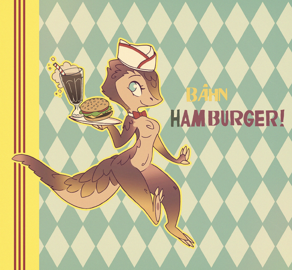 3_toes 4_fingers anthro beverage biped blue_eyes bow_tie brown_body brown_scales burger claws clothing countershade_feet countershade_tail countershade_torso countershading curvy_figure dragancah female finger_claws fingers food hat headgear headwear holding_food holding_object holding_tray mammal mostly_nude no_pupils pangolin pattern_background quyen(dragancah) scales sciencefox simple_background solo swiftcutter tan_body tan_countershading text toe_claws toes waiter