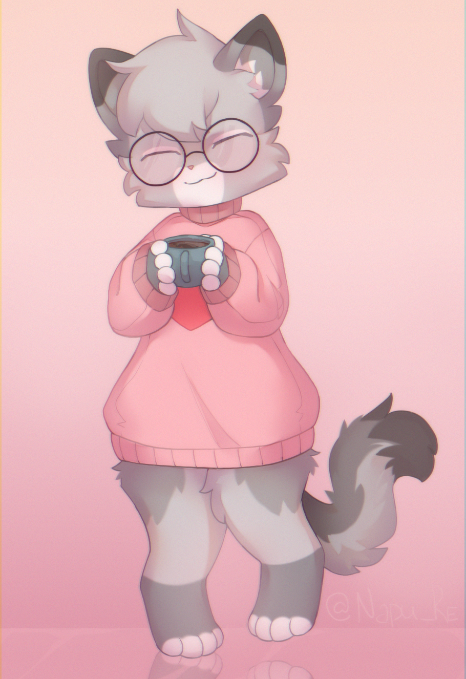 anthro beverage bottomless chibi clothed clothing coffee coffee_mug cup cute_expression domestic_cat egyptian_mau eyewear felid feline felis glasses happy hi_res male mammal nixuelle pervenche pink_clothing pink_sweater pink_topwear smile solo sweater topwear turtleneck