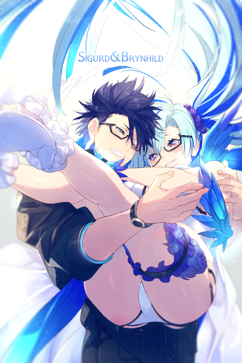 1boy 1girl ass bangs bikini black_hair black_shirt blue_eyes blue_hair blush bracelet breasts brynhildr_(fate) carrying character_name cis05 fate/grand_order fate_(series) glasses hair_ornament hair_scrunchie jewelry leg_garter legs long_hair princess_carry purple_eyes scrunchie shirt short_hair side_ponytail sigurd_(fate/grand_order) smile swimsuit very_long_hair white_bikini