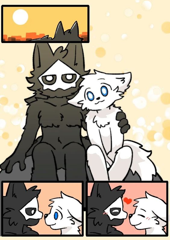 &lt;3 2019 anthro black_body black_fur blue_eyes blush canid canine changed_(video_game) cheek_tuft chest_tuft city cityscape duo eye_contact facial_tuft fchicken fur hand_on_shoulder lin_(changed) looking_at_another male mammal mask puro_(changed) simple_background sunset tuft white_body white_fur