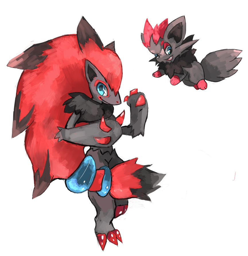 ambiguous_gender black_body black_fur black_hair black_inner_ear blue_eyes canid canine cheek_tuft chest_tuft claws duo eyebrows facial_tuft feral fur grey_body grey_fur hair highlights_(coloring) inner_ear_fluff lizardoneievui13 long_hair mammal nintendo pok&eacute;mon pok&eacute;mon_(species) ponytail red_claws red_hair shoulder_tuft smile toe_claws tuft video_games zoroark zorua