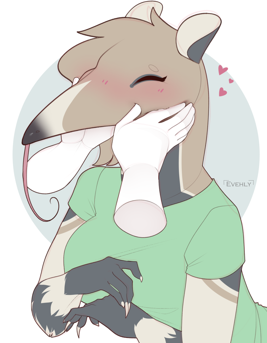 5_fingers anteater anthro blush breasts clothed clothing disembodied_hand evehly eyes_closed female fingers hand_on_cheek jayme mammal pilosan simple_background smile tongue xenarthran