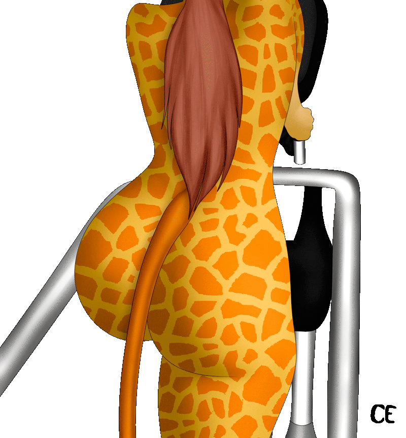 animated anthro brown_hair butt ceya close-up exercise exercise_equipment female giraffid hair long_tail loop mammal rear_view small_tail solo spots spotted_body