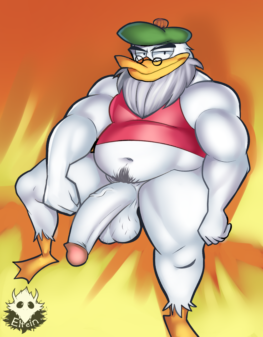 5_fingers anatid anseriform anthro avian balls beak beard bedroom_eyes big_penis bird bottomless clothed clothing digital_drawing_(artwork) digital_media_(artwork) disney duck ducktales ducktales_(2017) elfein eyewear facial_hair fingers flintheart_glomgold genitals glasses hat headgear headwear hi_res looking_at_viewer male membrane_(anatomy) musclegut muscular muscular_male narrowed_eyes penis pubes seductive shirt simple_background solo tank_top topwear vein veiny_penis webbed_feet