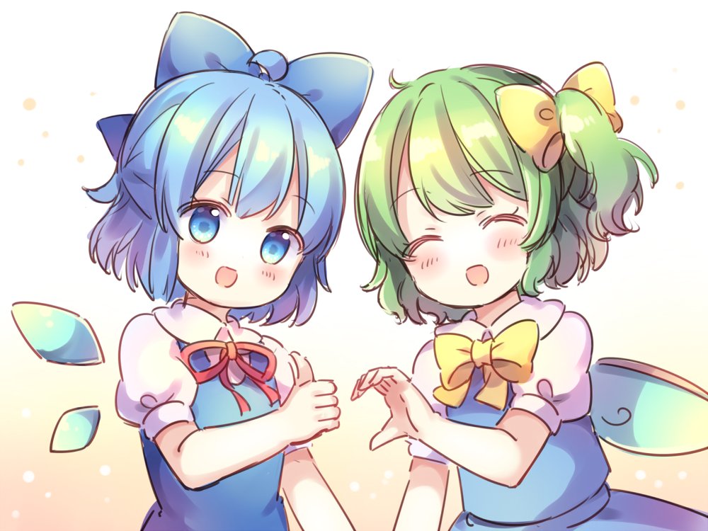 2girls ahoge blue_bow blue_dress blue_eyes blue_hair blush bow bowtie cirno closed_eyes daiyousei dress fairy_wings gradient gradient_background hair_bow hand_up heart_hand_thumb_up_duo ice ice_wings looking_at_viewer multiple_girls open_mouth pjrmhm_coa red_neckwear shirt short_sleeves side_ponytail smile thumbs_up touhou upper_body white_shirt wings yellow_bow yellow_neckwear you're_doing_it_wrong