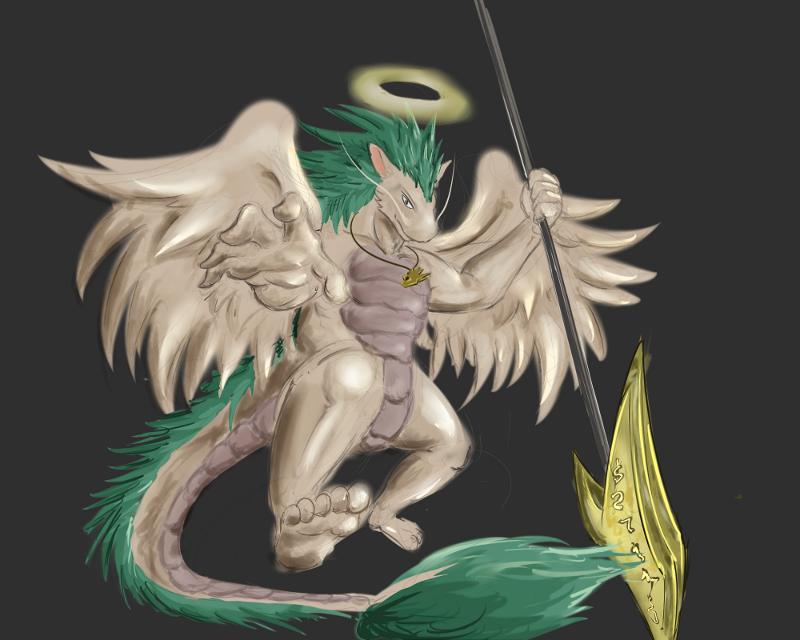 2013 5:4 anthro asian_mythology biceps colored dragon draxial east_asian_mythology eastern_dragon feathered_wings feathers flowamai fur furred_dragon grin hair halo male mane mane_hair muscular muscular_male mythology nude pecs scales smile solo weapon whiskers wings