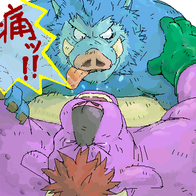 1:1 2005 anthro archdemon blue_body blue_fur bovid bovine digital_media_(artwork) dragon_quest duo fur humanoid_hands japanese_text kemono low_res male mammal oekaki orc_(dragon_quest) orc_king_(dragon_quest) overweight overweight_male purple_body square_enix text tongue tongue_out unknown_artist video_games