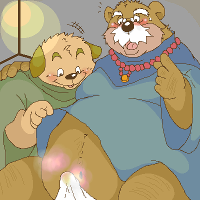 1:1 2005 anthro belly blush brown_body brown_fur canid canine canis clothing digital_media_(artwork) domestic_dog duo erection erection_under_clothing eyewear fur glasses hebokun humanoid_hands kemono low_res male male/male mammal oekaki overweight overweight_male robe underwear ursid