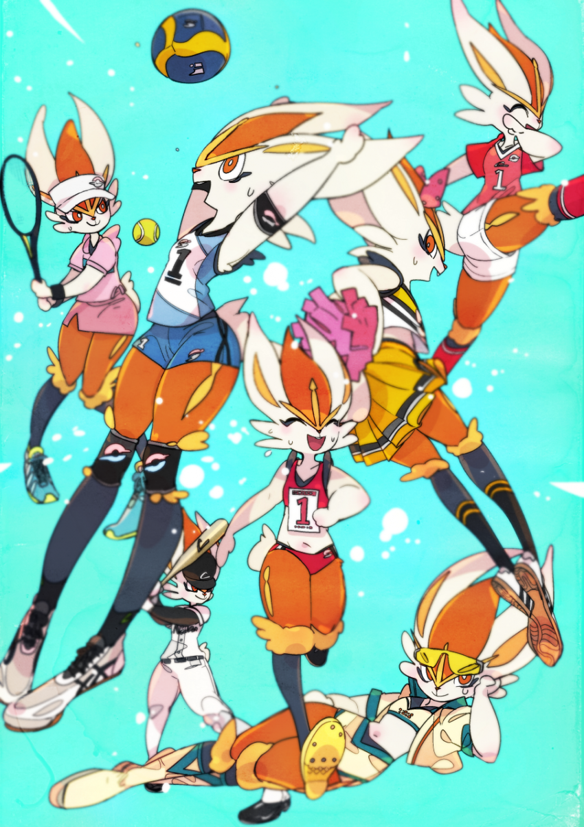 anthro baseball_bat bat_(object) cheerleader_outfit cinderace female hi_res moyamoya_kuroi nintendo pok&eacute;mon pok&eacute;mon_(species) solo tennis_racket video_games