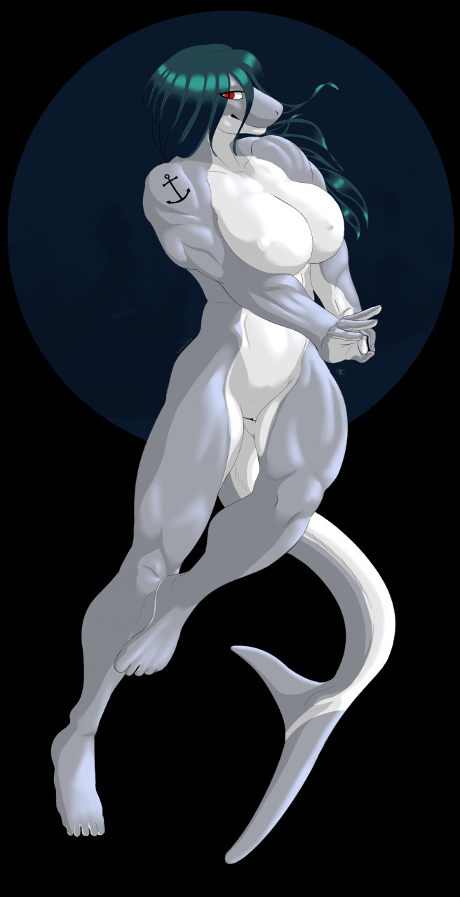 5_fingers anthro ashanti_(typelord) biceps big_breasts breasts digital_media_(artwork) feet female fingers fish genitals great_white_shark green_hair hair hi_res humanoid_feet lamnid lamniform looking_at_viewer marine muscular muscular_anthro nipples non-mammal_breasts nude plantigrade red_eyes shark simple_background smile solo swimming tattoo toes typelord