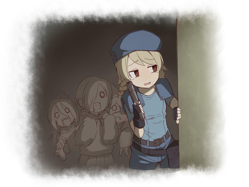 4girls ahoge bangs belt belt_buckle beret black_belt blood blood_from_mouth blue_headwear blue_pants blue_shirt brown_eyes brown_hair buckle cosplay cropped_legs eyebrows_visible_through_hair gun hair_between_eyes hair_over_one_eye handgun hat hayasaka_mirei holding holding_gun holding_weapon hood hood_down hoodie hoshi_shouko idolmaster idolmaster_cinderella_girls jill_valentine jill_valentine_(cosplay) long_hair long_sleeves morikubo_nono multiple_girls pants pistol pleated_skirt resident_evil resident_evil_1 ringlets shirasaka_koume shirt short_sleeves skirt sleeves_past_fingers sleeves_past_wrists solo_focus swept_bangs tears ushi weapon